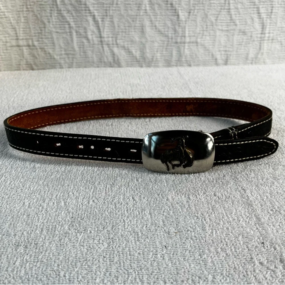 Acme Vintage Brown Leather Belt 26 With Bucking Bronc Cowboy Buckle made in USA